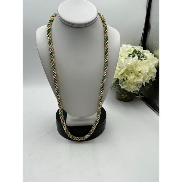 Kenneth Jay Lane KJL 1972 Rope Twisted 28” Vintage Blue White Gold Necklace - Picture 5 of 12